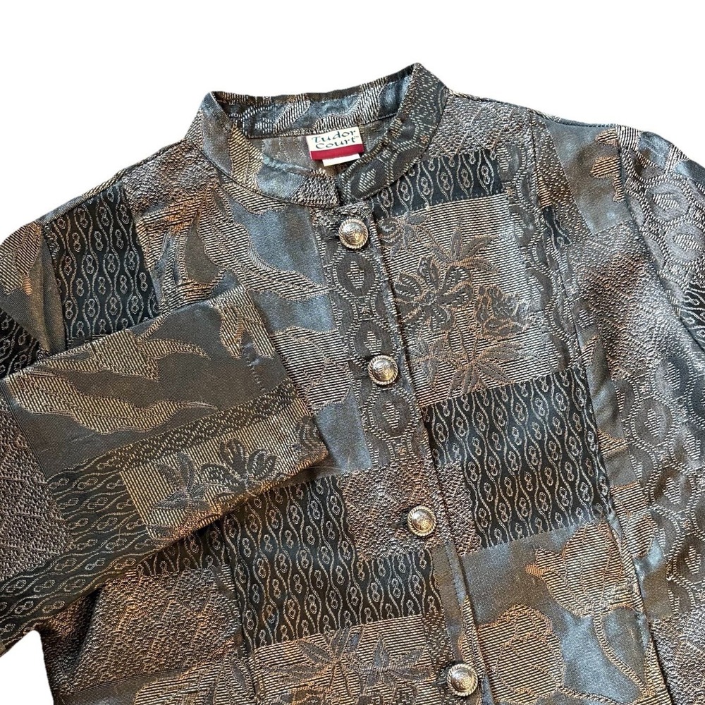 Tudor Court Tapestry Jacket Womens‎ PM Gold Silver Floral Metallic Button Up Vtg